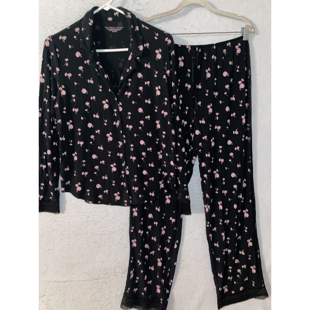 Victoria Secret Pajama Set M womens 2 pc knit black floral lace